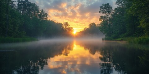 Naklejka premium Serene Lake at Sunrise With Forest and Fog