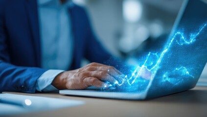 Businessperson using laptop with overlaying data graph