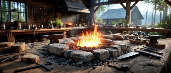 Rustic blacksmith shop with fire