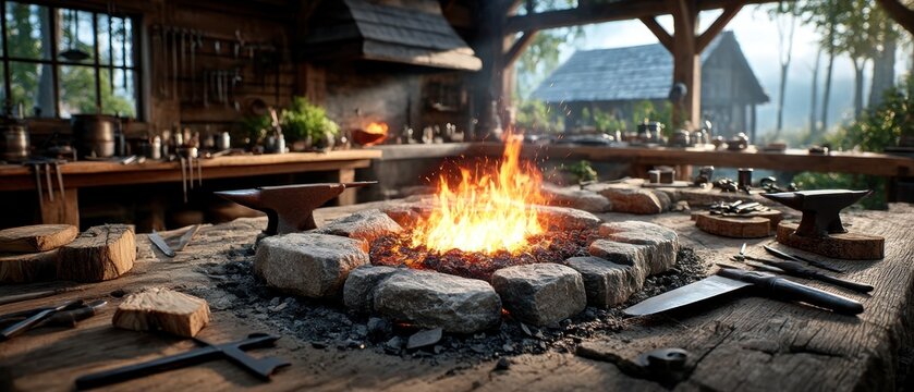 Rustic blacksmith shop with fire