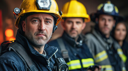 Fototapeta premium A group of firefighters standing in a line, wearing yellow helmets and reflective vests, with a blurred background of a fire engine and smoke.