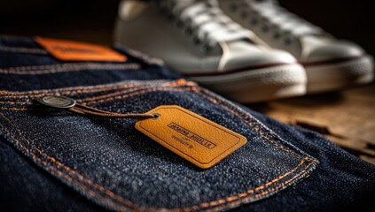 Dark denim jeans with leather tag and white sneakers