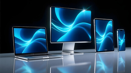 Set of Modern Electronic Devices with Glowing Blue Waves