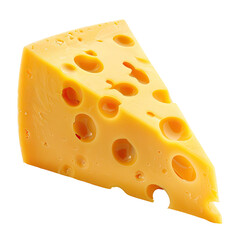 A triangular wedge of yellow cheese, riddled with holes
