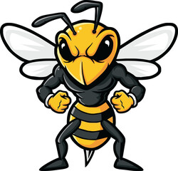 A powerful, angry cartoon wasp stands defiantly, fists clenched.