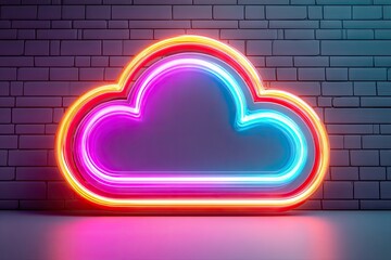 Neon cloud graphic against brick wall