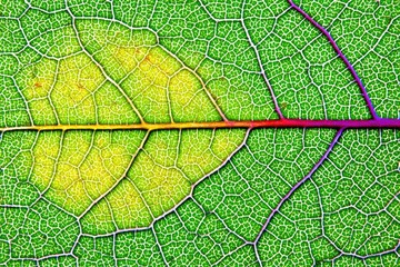 Obraz premium Detailed close-up view of a vibrant leaf's intricate vein network, showcasing a spectrum of colors