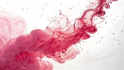 Abstract swirling pink and red ink cloud with dark particles in water