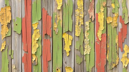 Rustic charm of weathered wooden planks with peeling layers of vibrant paint colors