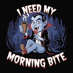 Funny Vampire Coffee T-Shirt – “I Need My Morning Bite” Halloween Chef Design