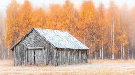 Obraz premium Rustic charm old wooden barn and autumn foliage creating a serene landscape scene