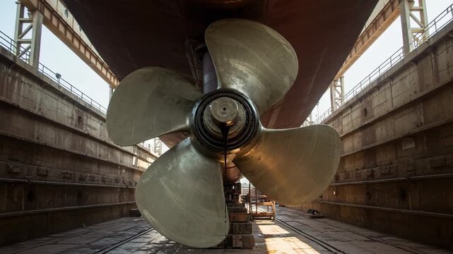Large ship propeller in dry dock with industrial setting