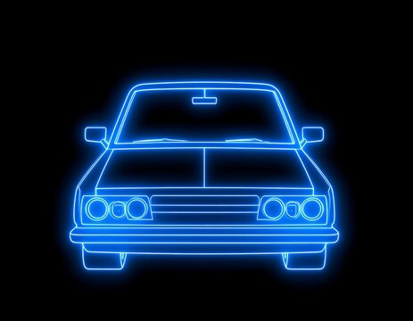 Fototapeta Neon blue line art of a vintage car, front view