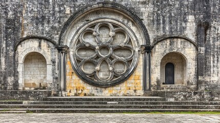 Architectural detail of Batalha Monastery, Portugal, featuring intricate stone carvings and grand