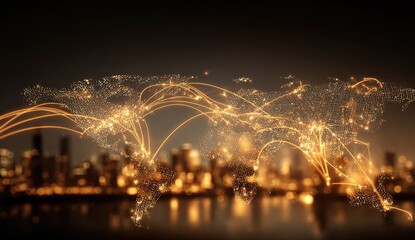 Global network map at night over city lights