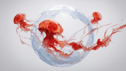 Red jellyfish inside a clear sphere, with flowing paint-like trails