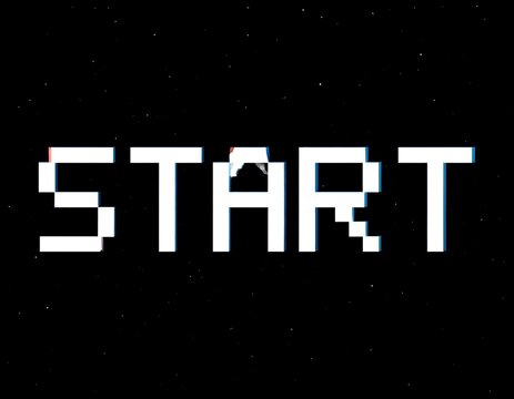 Pixelated "START" text on black background with subtle glitch effect