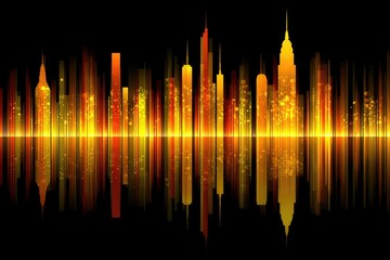 City skyline at night, stylized as audio waveform, with warm orange/yellow hues