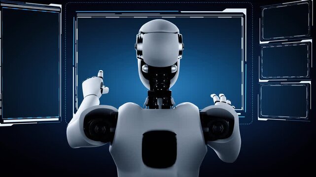 AI hominoid robot touching virtual hologram screen showing concept of big data analytic using artificial intelligence thinking by machine learning process. 3D rendering.