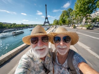 Senior couple taking selfie near Eiffel Tower