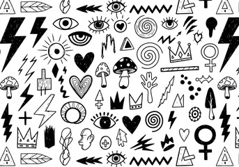 Abstract black and white doodle pattern with eyes, hearts, and lightning