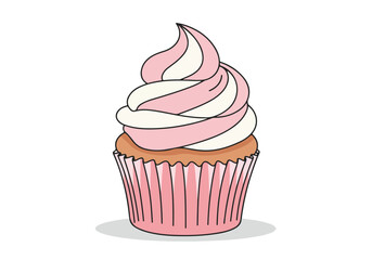 Cartoon cupcake with pink-white frosting, isolated for dessert menus, and party themes