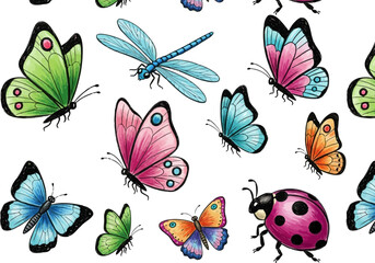 Collection of colorful butterflies and insects isolated on white background