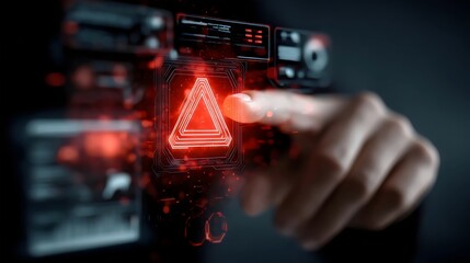 A close-up of a hand activating a futuristic red warning button, symbolizing urgency and alertness in a tech-driven environment.
