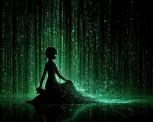 Silhouette figure in flowing dress, digital rain