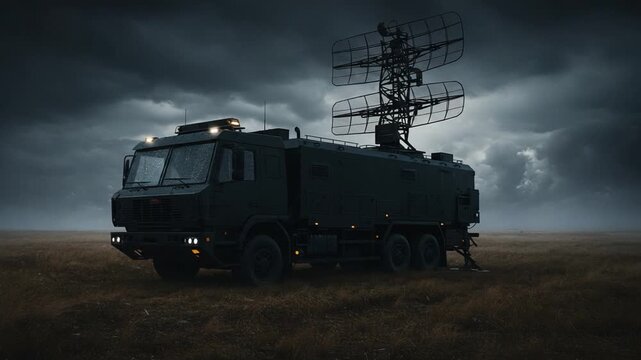 Military vehicle parked in a dramatic, cloudy landscape