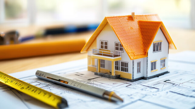 A miniature model house with a yellow roof and white walls, placed on a blueprint with a pen and measuring tape on a wooden table.