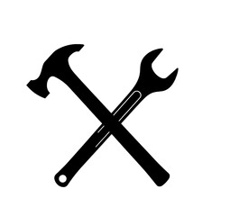 Hammer and Wrench Icon: A bold monochrome line art illustration of a hammer and wrench crossed, symbolizing repair, construction, and DIY.