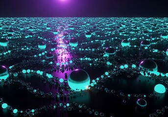 Stunning futuristic landscape of glowing orbs with vibrant teal and purple light creating a dynamic scene