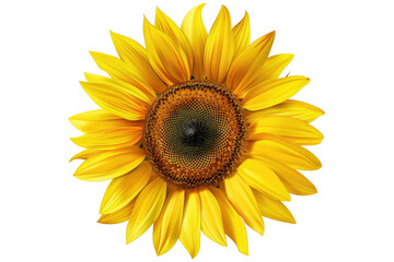 Fototapeta premium Close-up of a vibrant sunflower. Bright yellow petals radiate outward from a dark-orange central disc. Detailed texture in both petals and disc