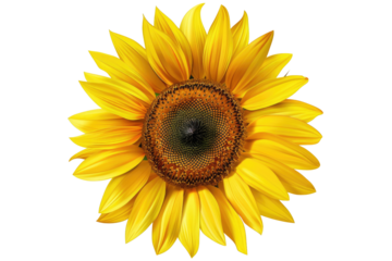 Close-up of a vibrant sunflower.  Bright yellow petals radiate outward from a dark-orange central disc.  Detailed texture in both petals and disc