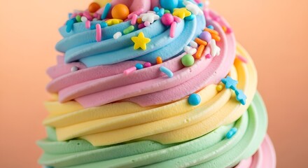 A close-up view of a vibrant, multi-colored cupcake with decorative sprinkles and frosting.