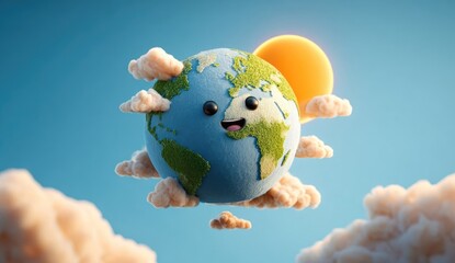 Cartoon Earth, smiley face, floating in clouds, with sun