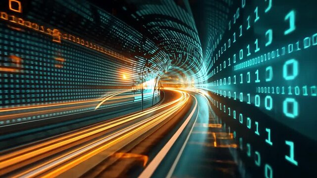 Futuristic Digital Tunnel Journey Through Light Trails and Binary Code, Showcasing Technology, Data Flow, Speed, and Innovation in Abstract Landscape.
