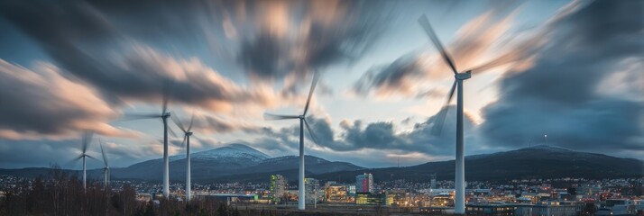 Wind turbines stand tall against a dramatic sky, with a city nestled below a mountain range