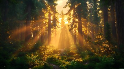 Golden Sunbeams in a Pacific Forest