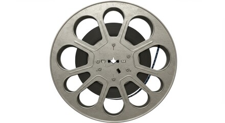 Fototapeta premium Classic Film Reel in Metal Casing Depicting Cinema History and Nostalgia with Empty White Background Isolated