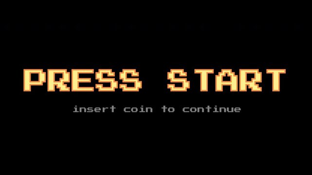 PRESS START INSERT A COIN TO CONTINUE. pixel art. 8 bit game. zoom animation. retro game. for game assets in vector illustrations. pixel art 8 bit game from vintage arcade computer. dark background - Powered by Adobe