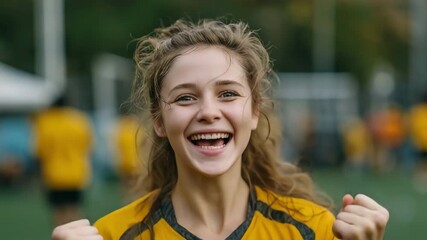 On the pitch, a female football player displays delight as she celebrates a goal. - Powered by Adobe