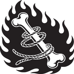Bold monochrome bone wrapped in rope and engulfed in flames for edgy design or rebellious statement