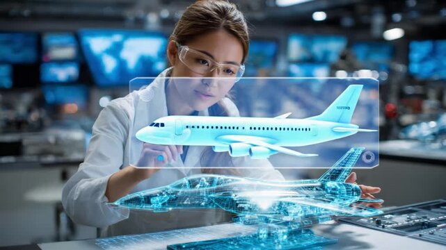 Innovation in Flight: A visionary aerospace engineer, engrossed in intricate examination, meticulously scrutinizes a holographic aircraft blueprint in a state-of-the-art laboratory.