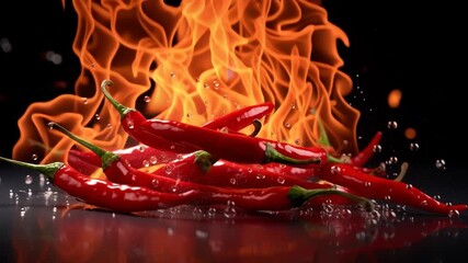 Red chili peppers burning with flames and water droplets - Powered by Adobe