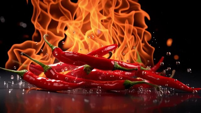 Red chili peppers burning with flames and water droplets