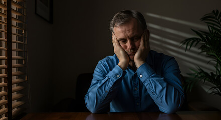 Obraz premium Middle-aged man in despair sitting at desk with hands on his face and looking down