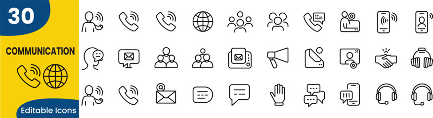 Set of thirty thin line communication icons for business and social interaction 