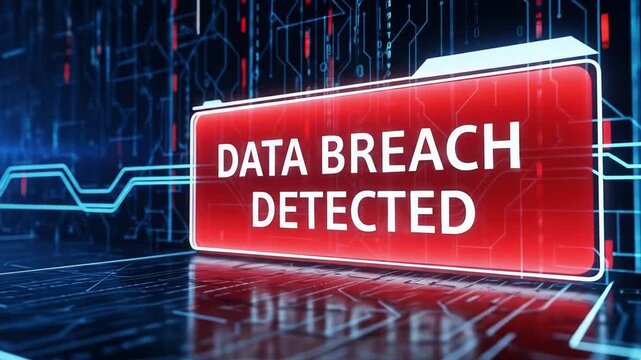 A red folder labeled data breach detected sits atop a glowing blue circuit board depicting cyber security threats and digital information leaks